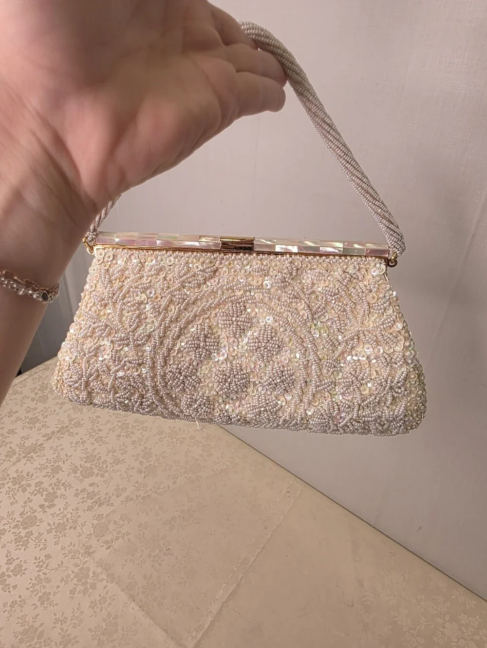 Vintage Beaded Sequined Evening Bag Mother of Pearl Clasp Hand Made Hong Kong